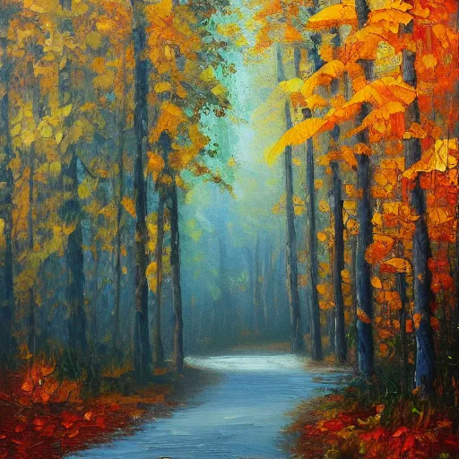 Image similar to A beautiful oil painting of an autumn forest, trending on artstation