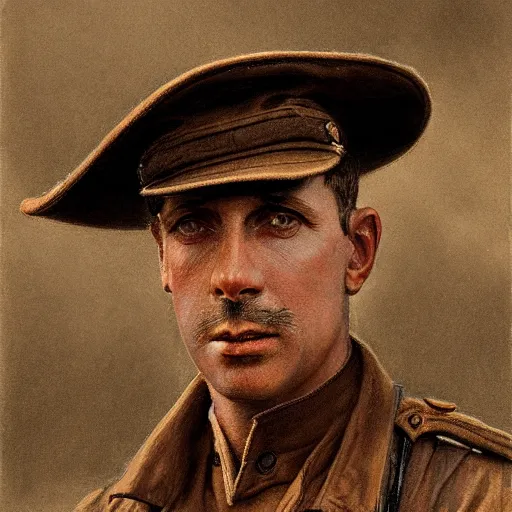 Image similar to a detailed photorealistic sepia - toned color portrait painting of a 1 9 1 7 worried clean - shaven british lieutenant in detailed field gear wearing a finely - detailed pith helmet in wadi rum, ultra realistic, intricate details, atmospheric, dark, horror, brooding, highly detailed, by clyde caldwell