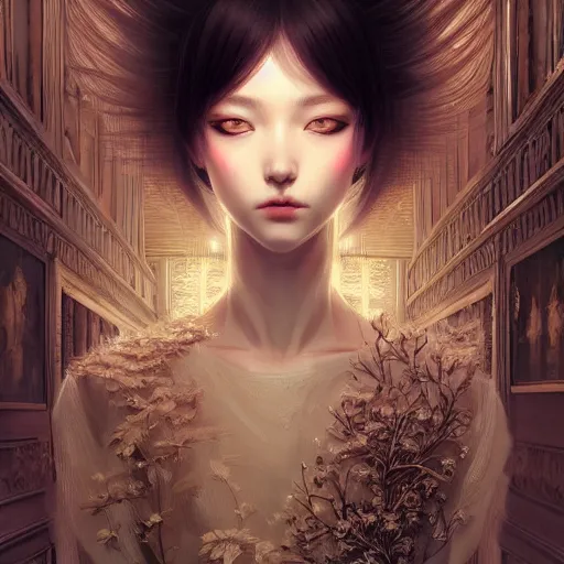 Image similar to beautiful girl in intricate clothing walking through a hallway reaching hands, reflections, very high intricate details, horror, painting, digital anime art, medium shot, mid - shot, wlop, ilya kuvshinov, artgerm, krenz cushart, greg rutkowski, sana takeda