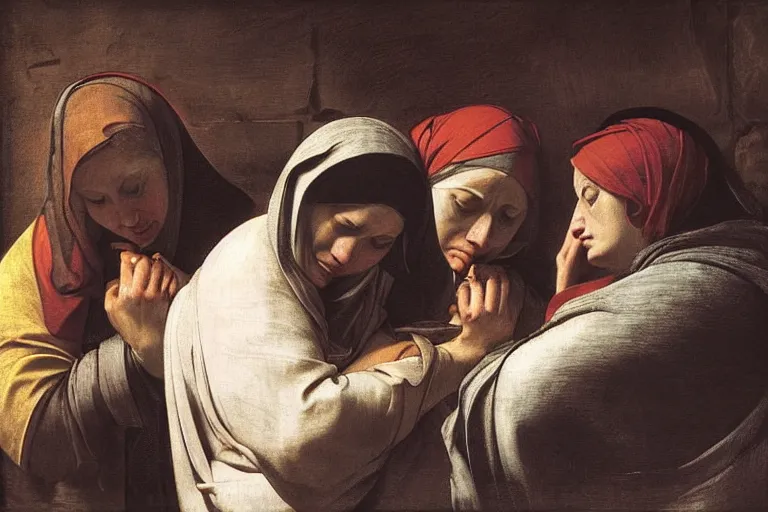 Image similar to 3 women mourning at the tomb of christ, caravaggio, rubens