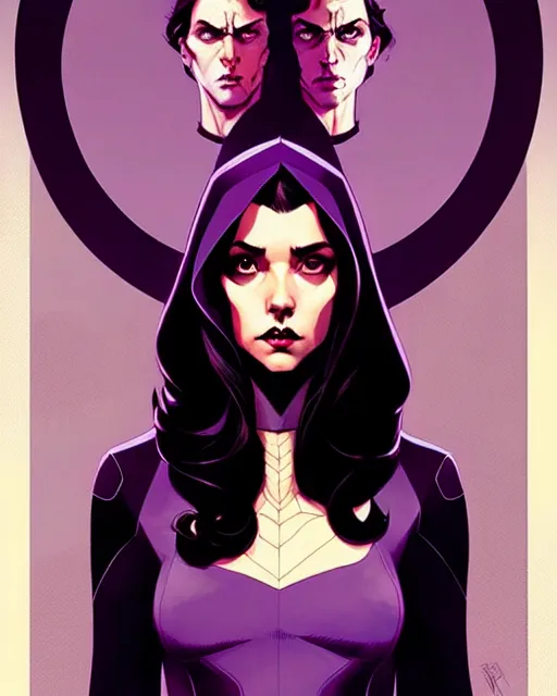 Prompt: Rafael Albuquerque comic cover art, artgerm, Joshua Middleton, pretty Stella Maeve witch, serious look, purple dress, symmetrical eyes, symmetrical face long black hair, full body, dark forest, cool colors