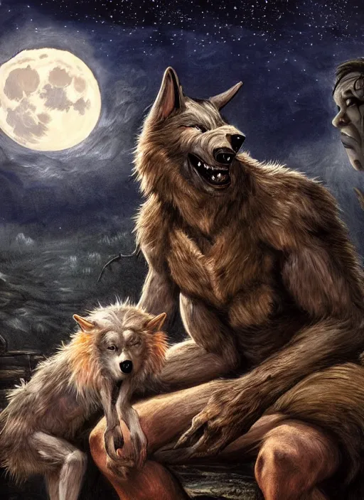 Prompt: a painting of a werewolf at night sitting next to a human child in front of full moon, fantasy art, matte painting, highly detailed