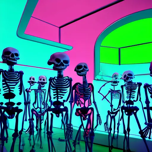 Image similar to photo, a giant crowd of realistic anatomically correct claymation skeletons dancing sensually and cool inside a colorful futuristic night club, blue edge lighting