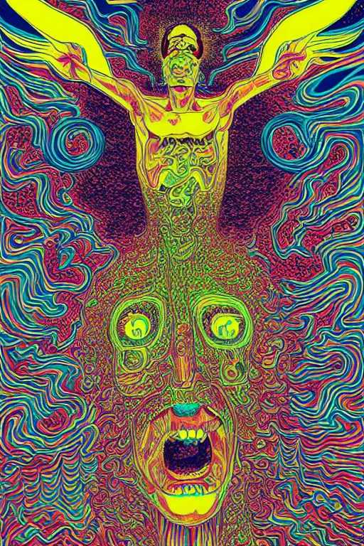 Prompt: a tab of LSD acid on a tongue with psychedelic hallucinations, screenprint by kawase hasuialex grey and dan hillier, colorful flat design, hd, 8k