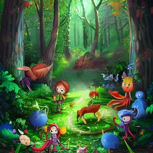 Prompt: : ben kipo style art magical forest with characters 8k detailed