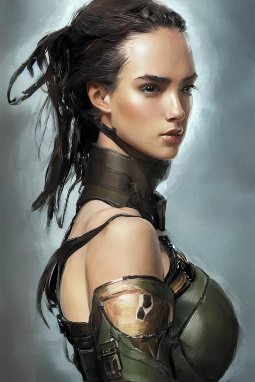 Image similar to a professionally painted portrait of an attractive young woman, clothed in military armor, olive skin, long dark hair, beautiful bone structure, symmetrical facial features, intricate, elegant, digital painting, trending on Artstation, concept art, smooth, sharp focus, illustration, from Metal Gear by Ruan Jia and Mandy Jurgens and Artgerm and William-Adolphe Bouguerea, award winning