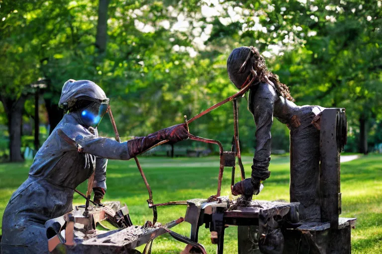 Prompt: cinematography woman welding sculpture in the park by Emmanuel Lubezki