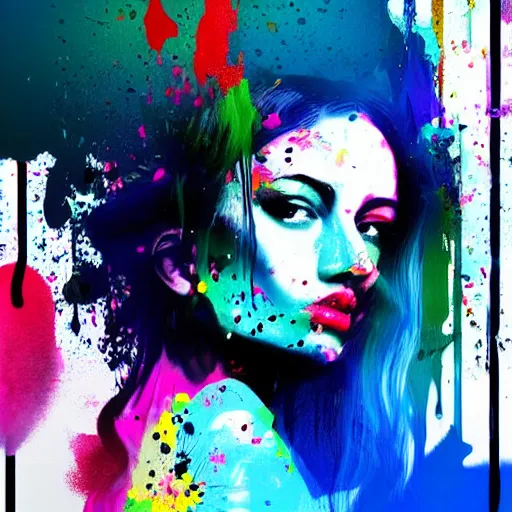 Image similar to references for beautiful woman digital art splattered by coloured paint