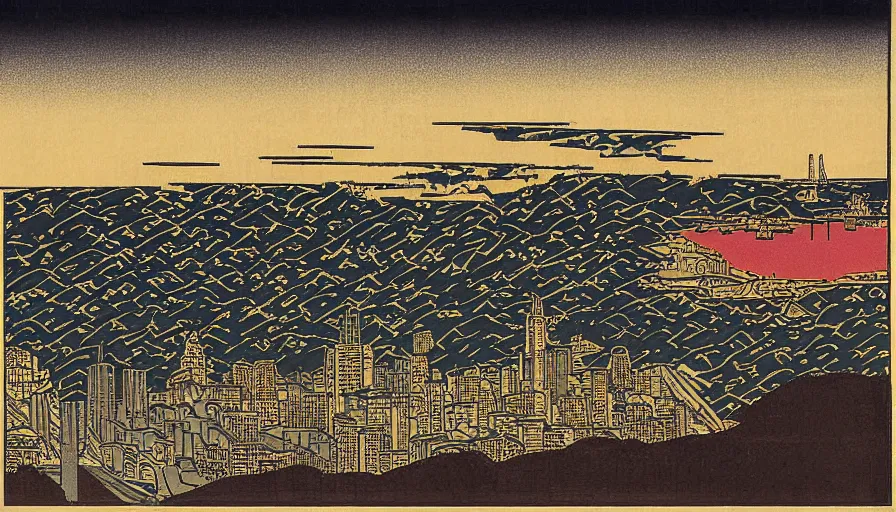 Image similar to sunset over the san francisco bay area by utagawa kunisada