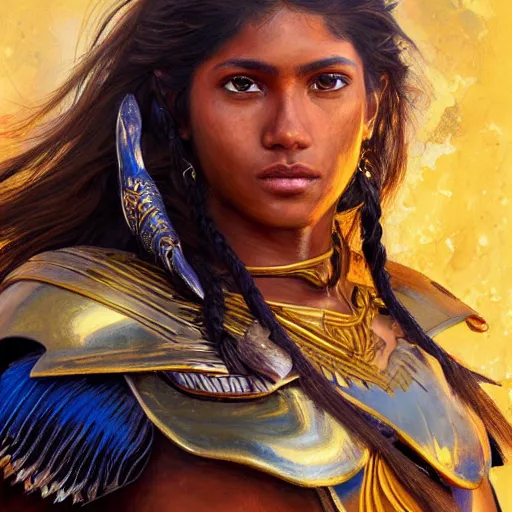 Prompt: highly detailed painting of a warrior goddess with maldivian, tan skin, blue eyes, golden armor with cape and brown hair high fantasy art by jon foster trending on arstation