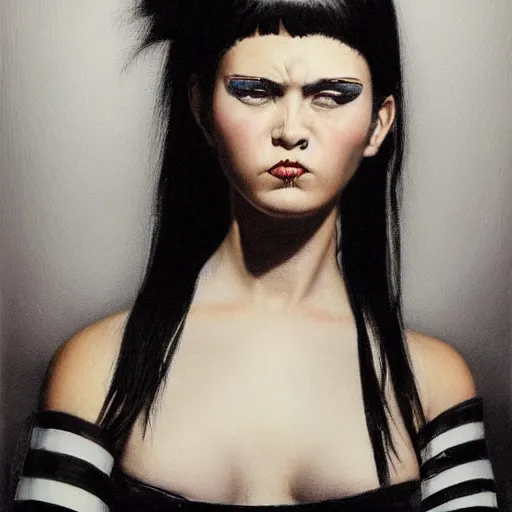 Image similar to A young woman with black and white hair looking disgusted away from the camera, Punk, Portrait by Noriyoshi Ohrai, rendered in octane, oil on canvas