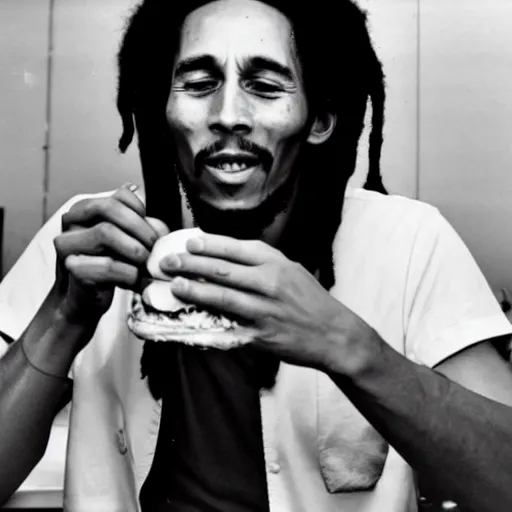 Image similar to Bob Marley eating a hamburger in McDonalds,4k quality