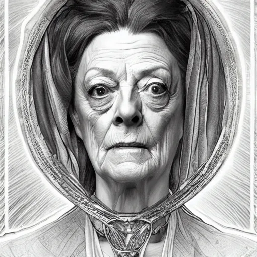 Image similar to amazing lifelike award winning pencil illustration of Maggie smith as reverend mother trending on art station artgerm Greg rutkowski alphonse mucha cinematic