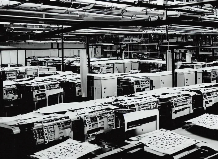Image similar to data processing plant, with retro matrix printers rapidly printing sheets of paper overflowing onto the floor. 2000s computer ad style picture in high contrast color