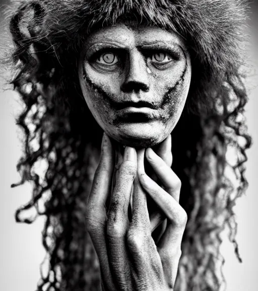 Prompt: Award winning Editorial up-angled photograph of Early-medieval Scandinavian Folk mannequin Baring its teeth with curly incredible hair and fierce hyper-detailed eyes with a hand on its chin by Lee Jeffries and David Bailey, 85mm ND 4, perfect lighting, a heart-shaped birthmark on the forehead, dramatic highlights, wearing traditional garb, With very huge sharp jagged Tusks and sharp horns, gelatin silver process