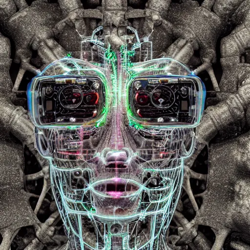 Image similar to very detailed portrait 55mm photo of a mechanical head without skin, optic fiber nerves, gears in his head and cybernetic enhancements with no plating. Packed with cybernetics. Has cameras for eyes. In the forest with bokeh. Ray tracing and tessellation. Very sharp high detailed 8k image