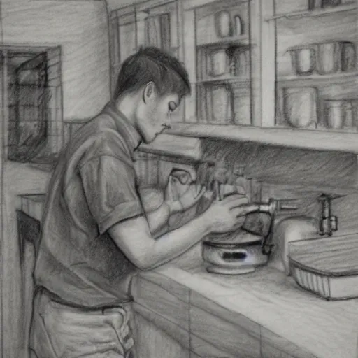 Prompt: pencil sketch of a boy making espresso with a westie in the quiet morning sunlight