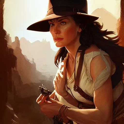 Image similar to female indiana jones, highly detailed, digital painting, artstation, concept art, sharp focus, illustration, art by artgerm and greg rutkowski and alphonse mucha