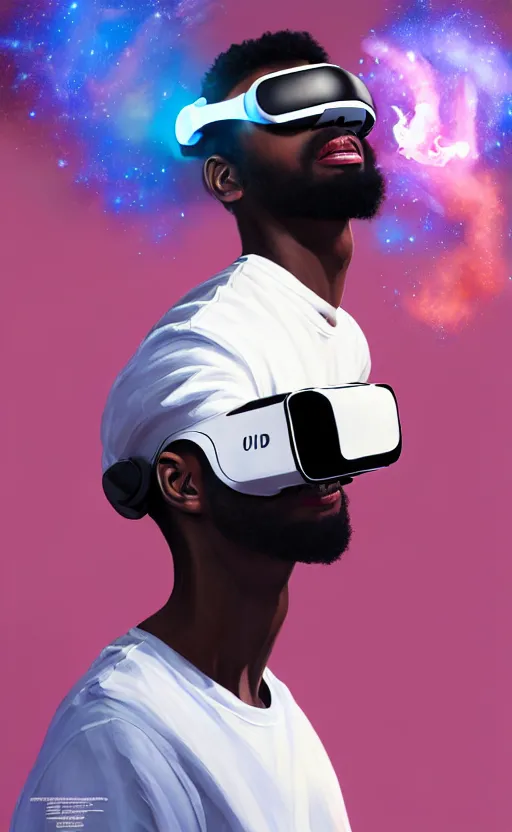 Image similar to handsome black genius hacking the metaverse, vr headset, white t - shirt and jordans, flying through spacetime, exploding nebulae, highly detailed, digital painting, artstation, concept art, smooth, sharp focus, illustration, art by wlop, uang guangjian and gil elvgren and sachin teng and greg rutkowski