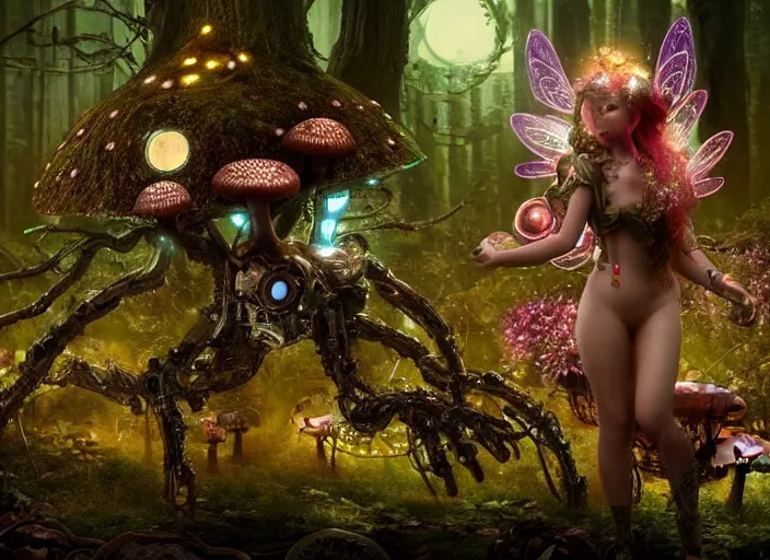 Image similar to 35mm intricate mechanical fairy with visible gears and electronics and optic Fibres sitting on top of a mushroom in a magical forest, having tea with a giant minotaur. Very detailed 8k. Fantasy cyberpunk horror. Sharp. Cinematic post-processing