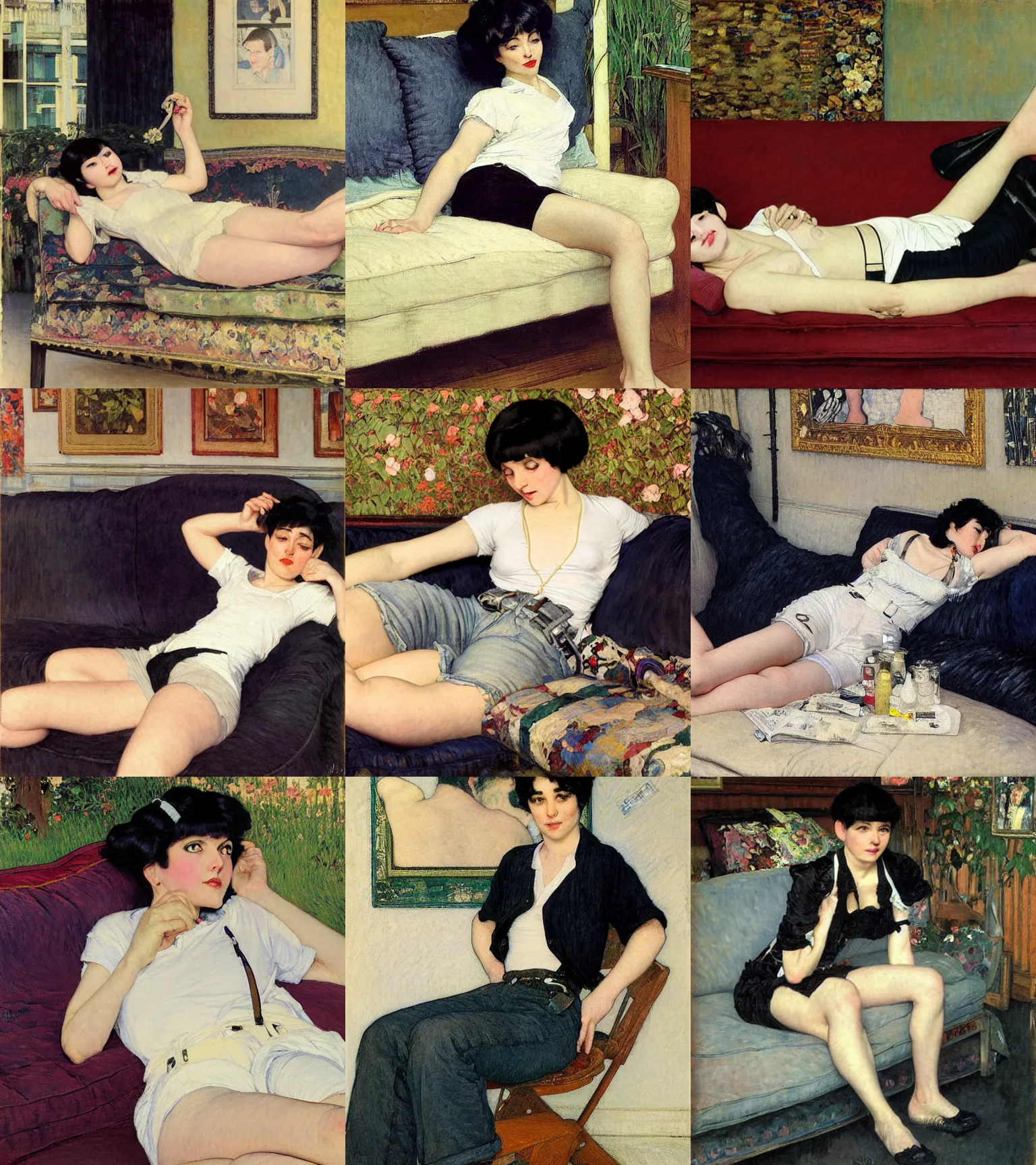 Prompt: a woman with black hair and long pixie haircut in shorts lying on couch with suspenders and white t-shirt drawn by gustave caillebotte, Alexandre Cabanel, norman rockwell, hajime sorayama, maler collier, peter paul rubens, alphonse mucha, gustav klimt 4k, unreal 5, DAZ, french noveau, trending on artstation, octane render, hyperrealistic