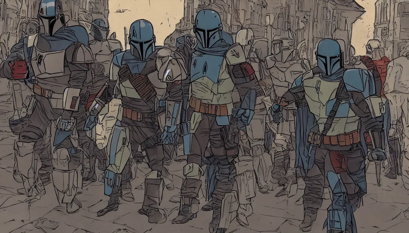 Image similar to single mandalorian walking through the empty streets of england, in style of jim lee