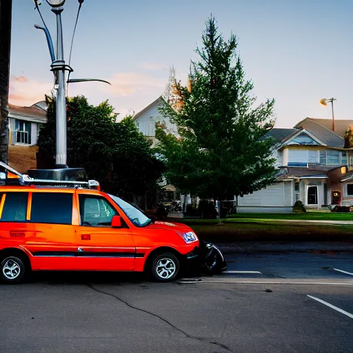 Prompt: minivan backing into a fire hydrant. photograph. high quality.