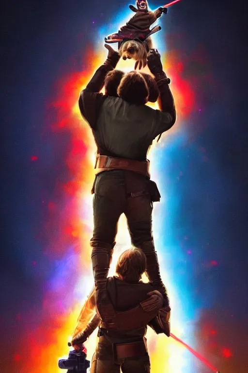 Image similar to colorful full body shot of luke skywalker carrying gizmo in his shoulders, trending on artstation, trending on deviantart ,cinematic backlighting, 8k, symmetrical, correct proportions, hyper detail, studio disney