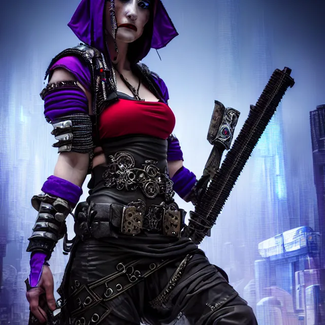 Image similar to cyberpunk jester warrior, highly detailed, 4 k, hdr, smooth, sharp focus, high resolution, award - winning photo, anne stokes, photorealistic