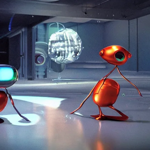 Prompt: promotional movie still wide - angle 3 0 m distance. nanorobots ( ( cat ) ) 1 million into the future ( 1 0 0 2 0 2 2 ad ). super cute and super deadly. nanorobots like disco music and dance - offs. cinematic lighting, dramatic lighting. in style from film fantasia, kubrick