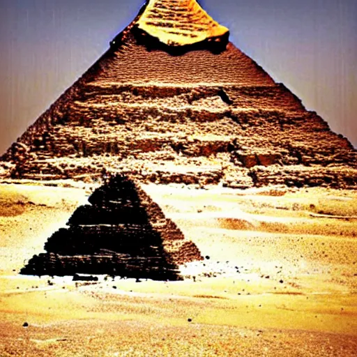 Prompt: alien spaceship rising out of egyptian pyramid