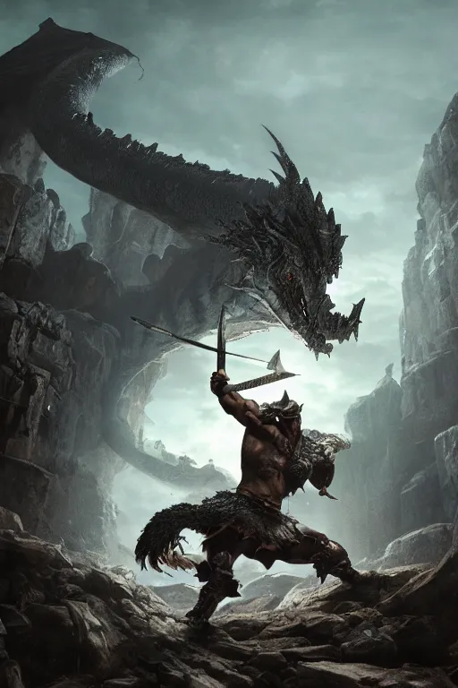 Image similar to 28mm Photo of conan the Barbarian, fighting a giant dragon in a dungeon, in the style of greg rutkowski, concept art, rim lighting, dark souls, unreal, ray tracing