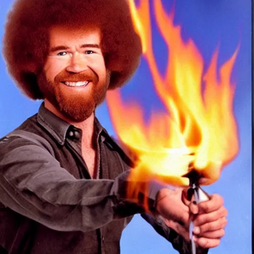 Image similar to bob ross holding a flame thrower