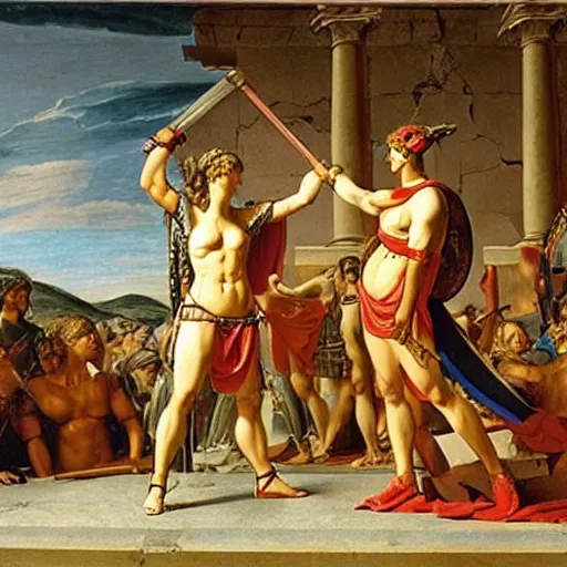 Image similar to muscular warrior women, roman women in armor, oath of the horatii, jacques - louis david