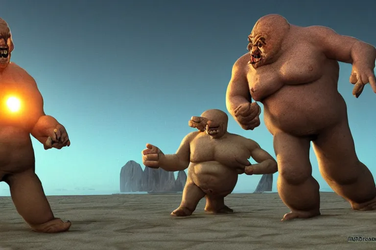 Image similar to photo, two old men!, two hairy fat ugly fight aliens 4 0 1 2 7 on a beach, highly detailed, scary, intricate details, volumetric lighting, front view