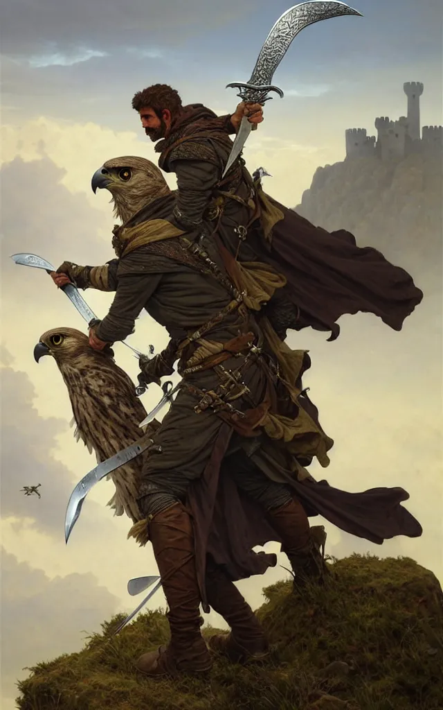 Prompt: rough middle age ranger with a falcon pet and a long sword, he is on top a cliff observing old ruins of a castle, elegant clothing, photorealistic render, matte patining, highly detailed, artstation, smooth, sharp focus, art by michael whelan, artgerm, greg rutkowski and alphonse mucha