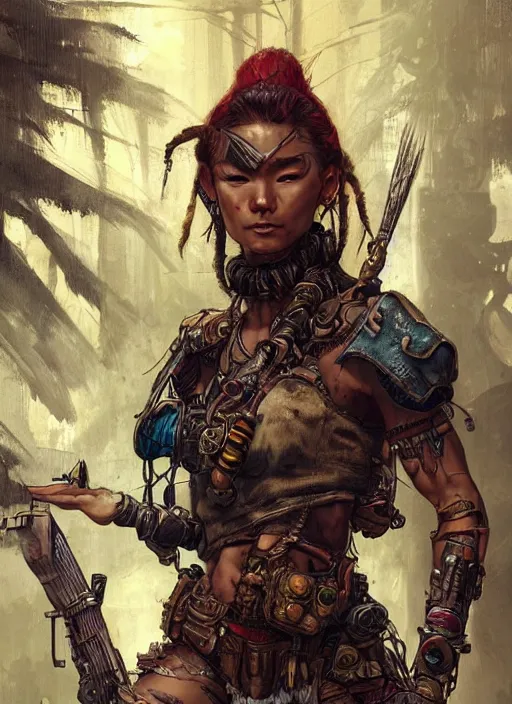 Image similar to hyper realistic photography portrait of postapocalyptic cyberpunk asian cyborg tribal warrior amazon cinematic, brom, mucha, moebius juan gimenez artstation, cgsociety