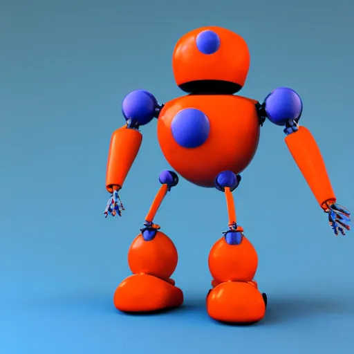 Image similar to evil simple sphere blue and orange robot with arms and legs and big eyes, 3d render