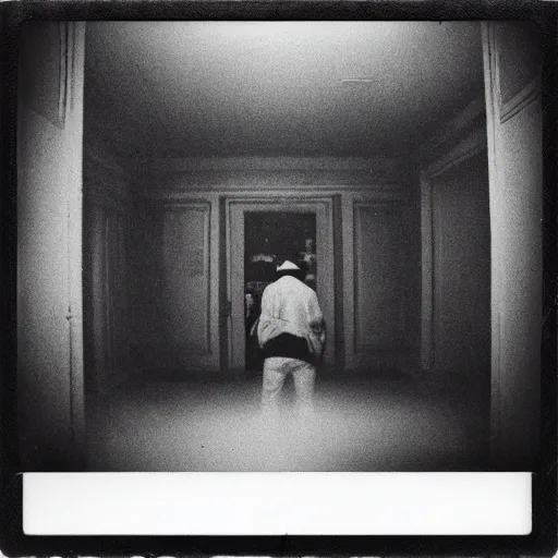 Image similar to you are lost in the backrooms, ghost, polaroid, laminal space, foggy
