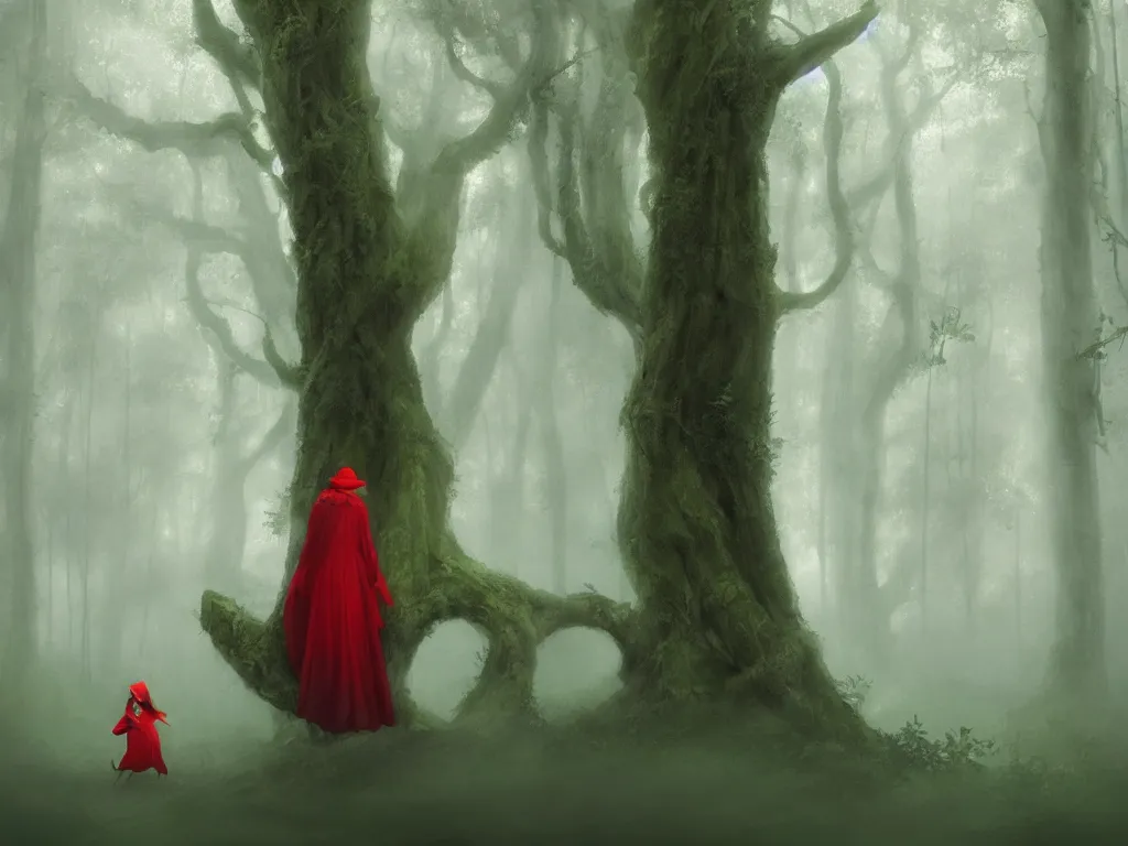 Prompt: serene green oak and beech forest, mysterious female beauty wearing a red cap slowly rides through the forest, rays of life, cinematic, fantasy art, moody evening light, foggy, trending on artstation, by esao andrews, by naoto hatori, by tyler jacobson