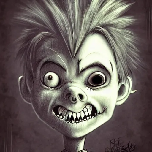 Image similar to grunge cartoon drawing of a cute chucky by - michael karcz , in the style of corpse bride, loony toons style, horror themed, detailed, elegant, intricate