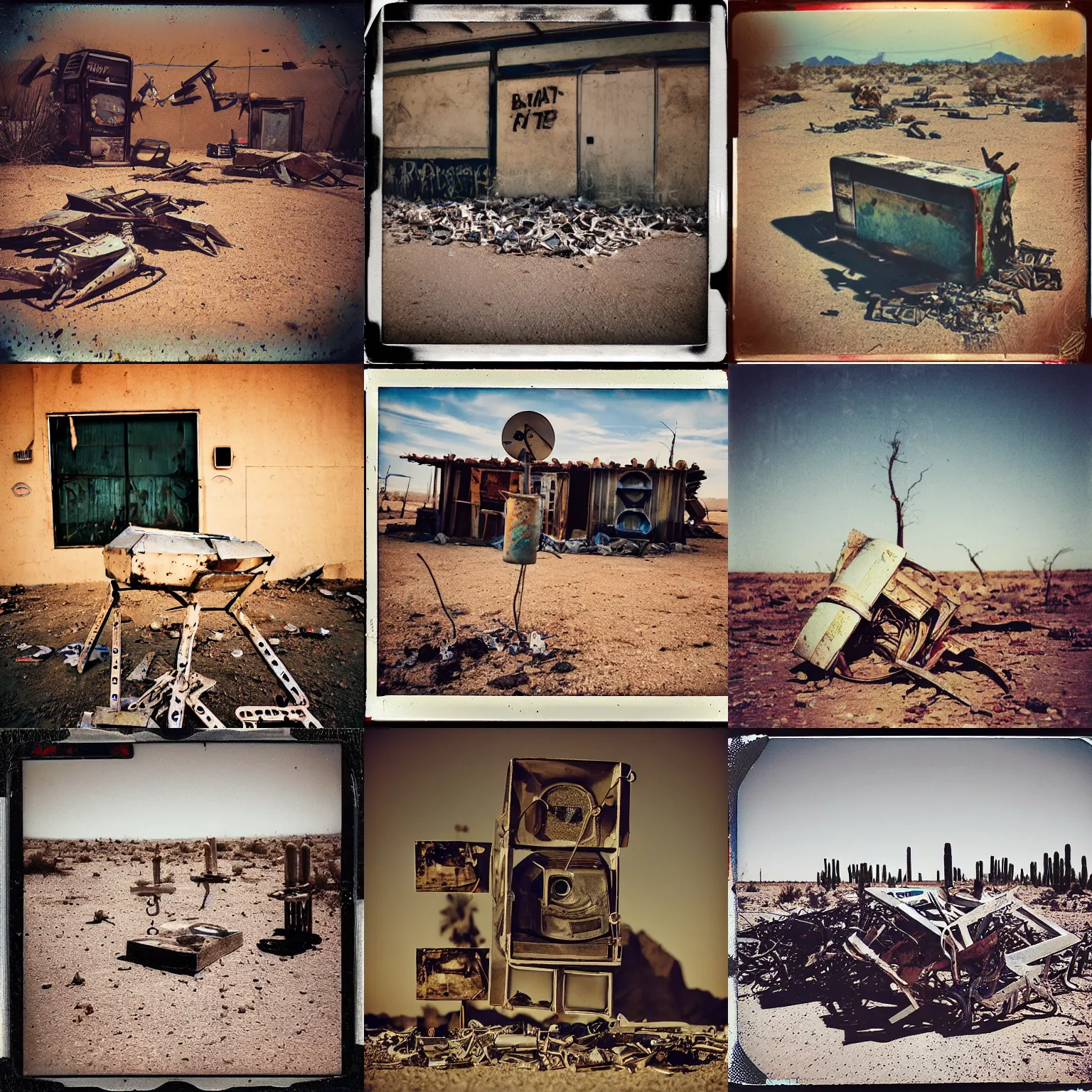 Prompt: polaroid photograph, travel photography, an abandoned bar made of scrap metal and scrap wood in the desert of an alien world!!!, bones on the ground, motion blur