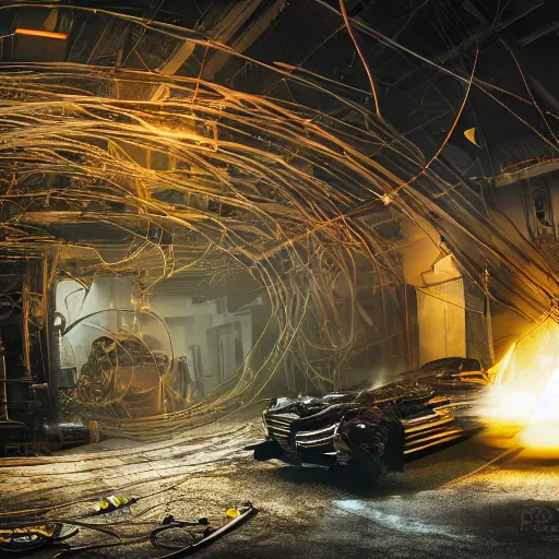 Image similar to oversized egg beater, tangles of metallic cables, dark messy smoke - filled cluttered workshop, dark, dramatic lighting, orange tint, sparks, plasma charges, cinematic, highly detailed, sci - fi, futuristic, movie still