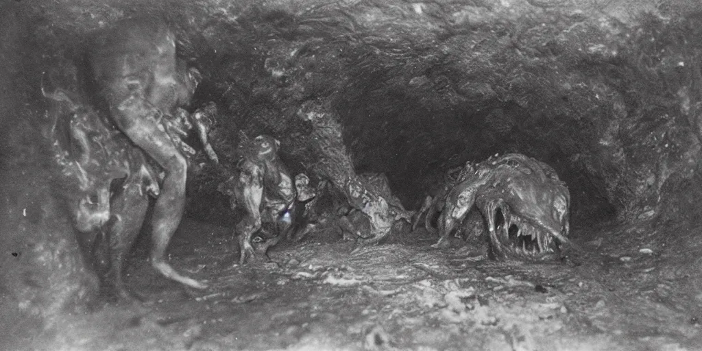 Image similar to explorers discover horrifying monster in cave, 1 9 0 0 s photograph