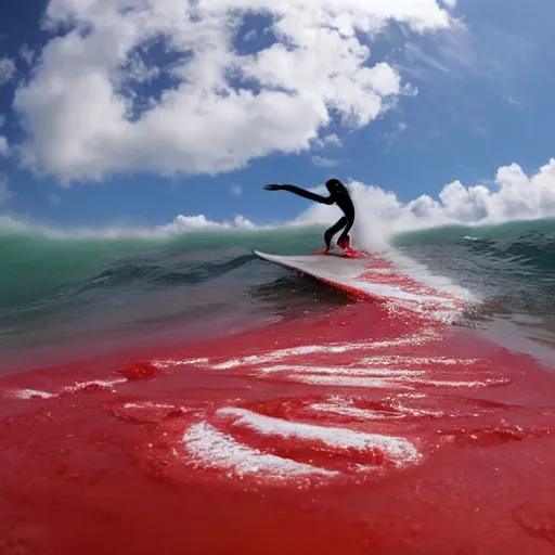 Prompt: a surfer surfing on a large wave of ketchup, through a sea made of ketchup, on a dunny day, 8 k, wide angle photography