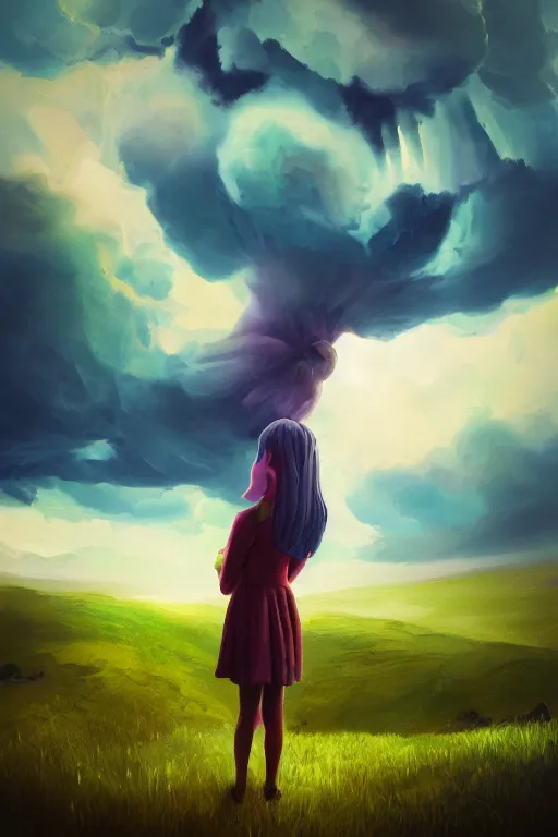 Image similar to closeup giant dahlia flower under head, girl standing on mountain, surreal photography, blue storm clouds, dramatic light, impressionist painting, digital painting, artstation, simon stalenhag