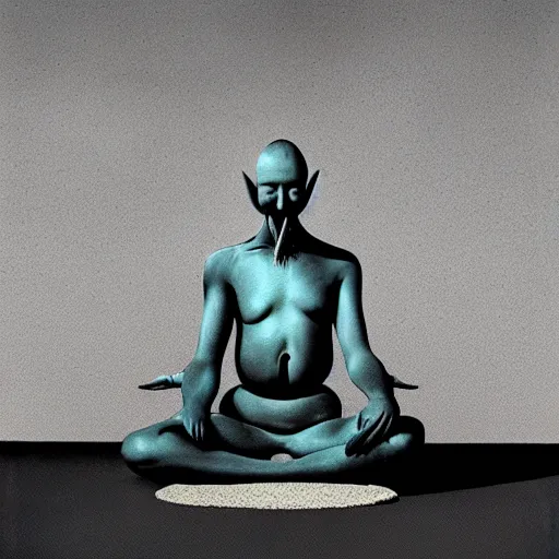 Image similar to 3D matte illustration of a cow sitting in lotus position by Zdzisław Beksiński