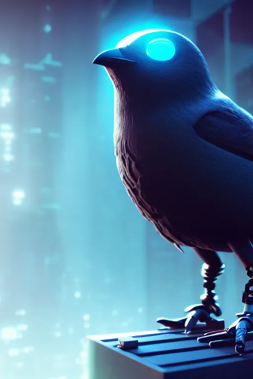 Prompt: high quality 3 d render very cute cyborg crow! sings into microphone!!, cyberpunk highly detailed, unreal engine cinematic smooth, in the style of blade runner & detective pikachu, hannah yata charlie immer, moody light, low angle, uhd 8 k, sharp focus