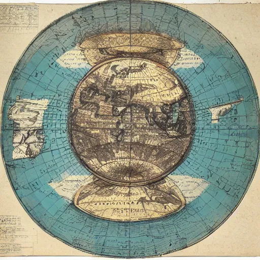 Image similar to a stack of turtles beneath a round disc showing a map of the earth, side view