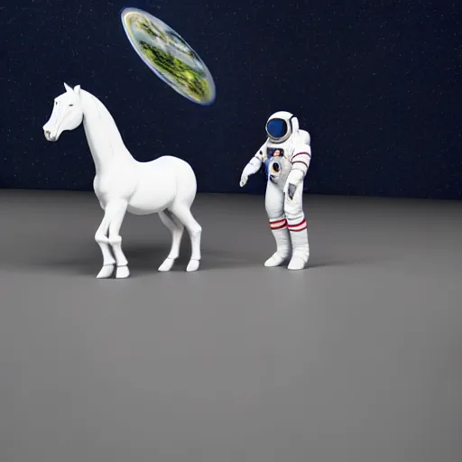 Prompt: an astronaut standing on the ground and a small trippy aggressive centaur standing on that poor standing on all - fours astronaut, trying to ride it the horse is on his shoulders minimalist style, 3 d render, isometry
